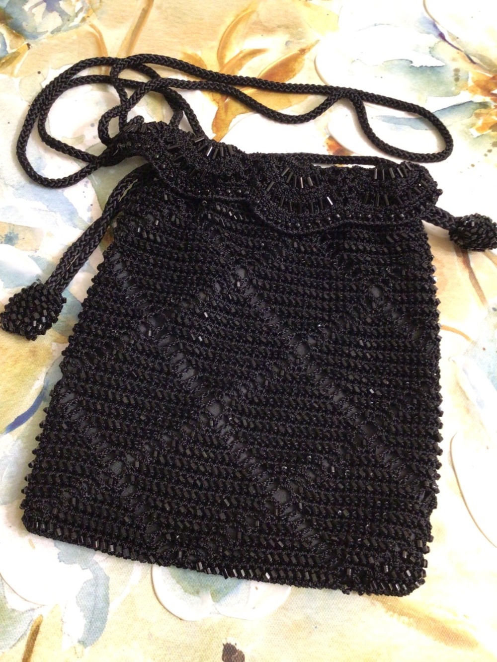 Valerie Stevens Black Crocheted Beaded Crossbody Bag Drawstring Evening Pouch